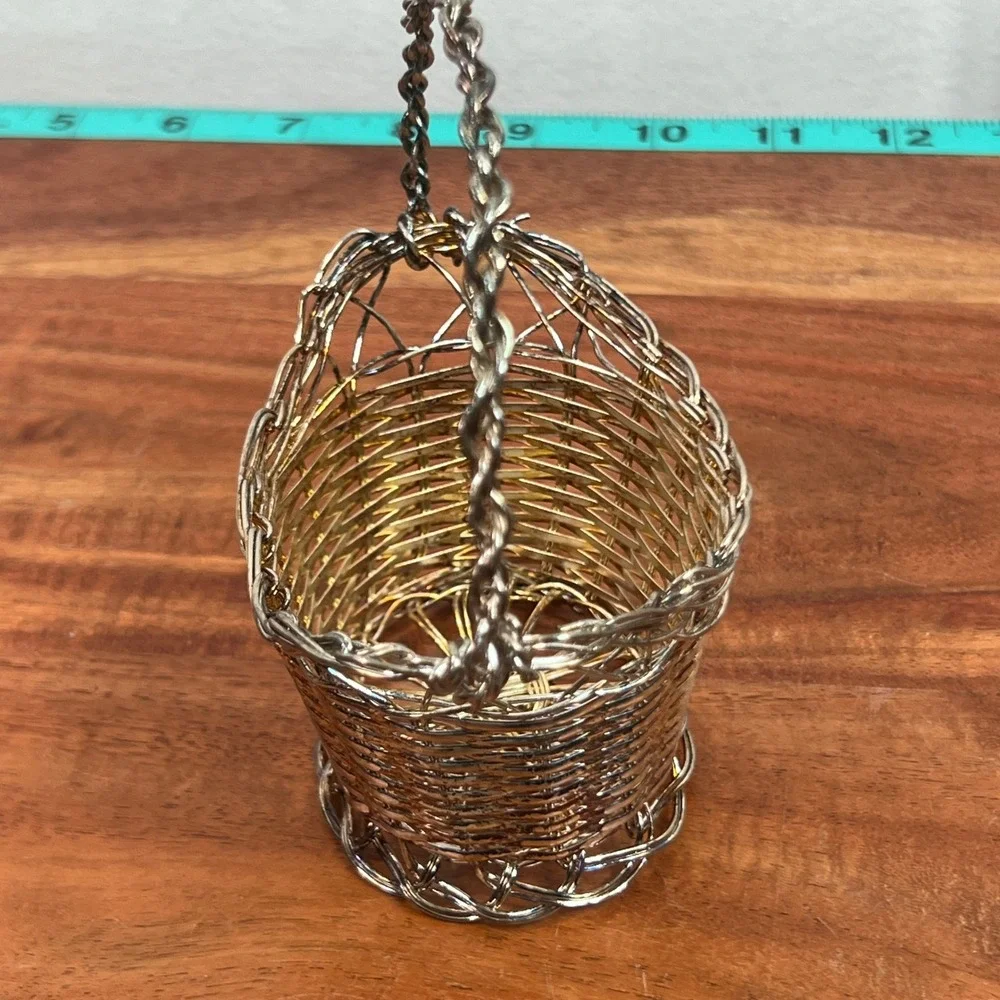 Vintage Miniature Woven Wire Basket Mixed Metal Silver Gold Tone Trinket Decor